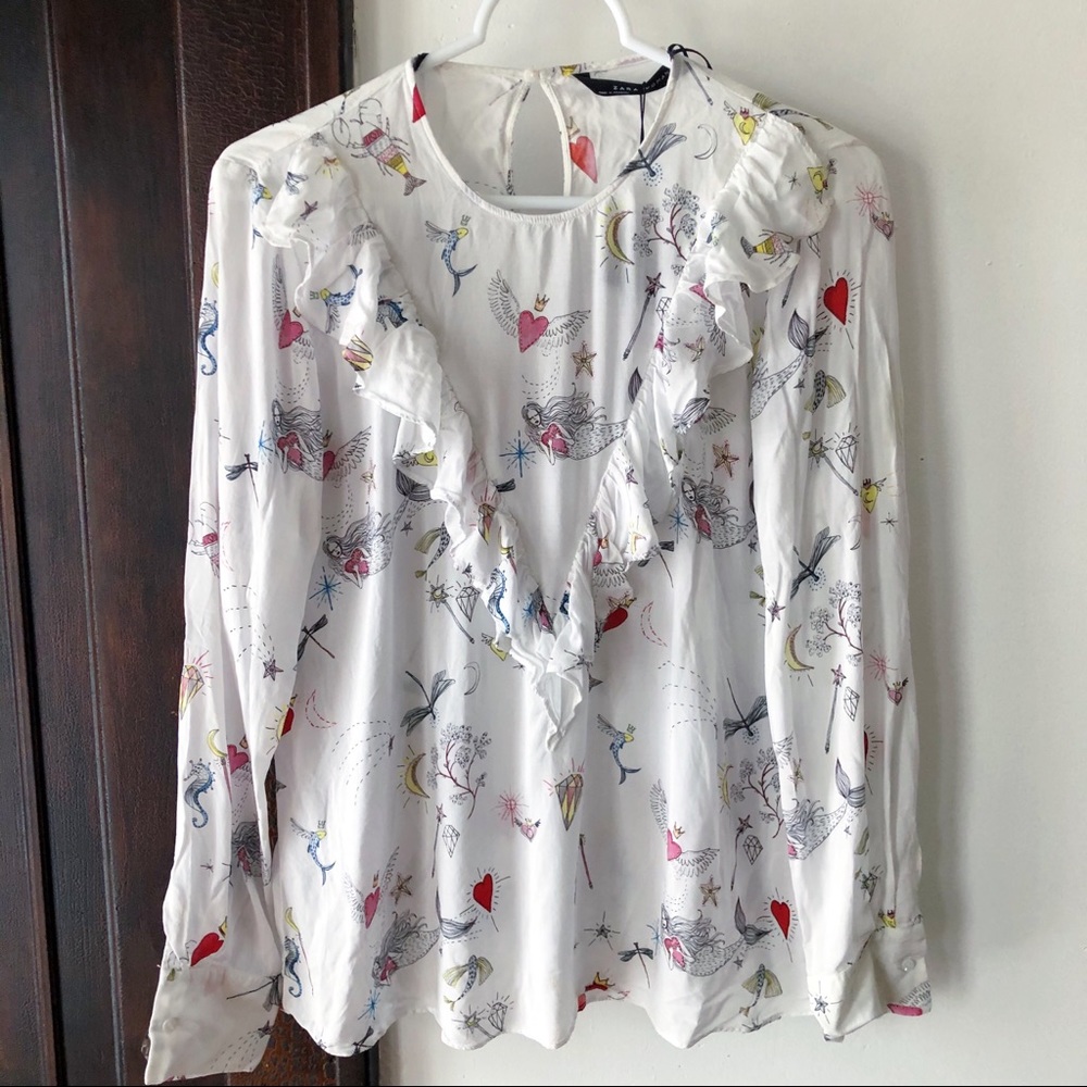 NWT Zara Woman White Ruffles & Pattern Top, L